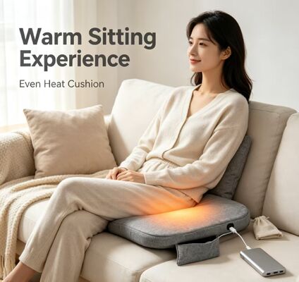 OEM ODM Graphene USB Heated Seat Cushion, Custom Logo Custom Size Custom Color, Linen Cotton Heating Chair Pad with Power Bank Pocket, 3‑Speed Temperature Control for Car Office Home
