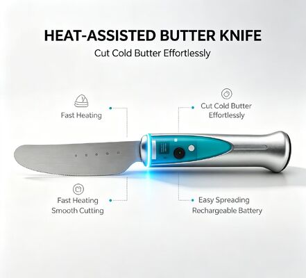 베이킹 필수 전기 버터 가열 칼, 방수 터치 컨트롤 버터 부드러운 커터, 1020mAh USB 재충전, 훌륭한 부엌 가젯 선물