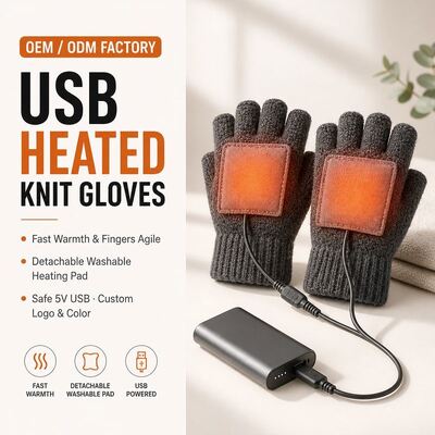 USB 발열 니트 장갑, 분리형 벨크로 발열 패드가 있는 5V 핑거리스 겨울 장갑, 40-50°C 지속적인 온기, 과열 방지, CE FCC RoHS, 맞춤 색상 로고 및 포장